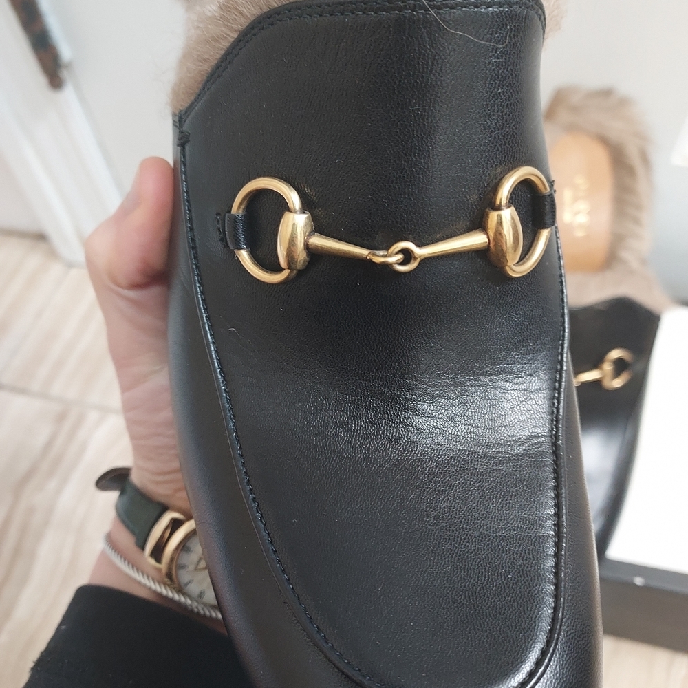 Gucci Black Princetown Fur Leather Malaga Canberra Heel Mule Slide - Picture 6 of 11